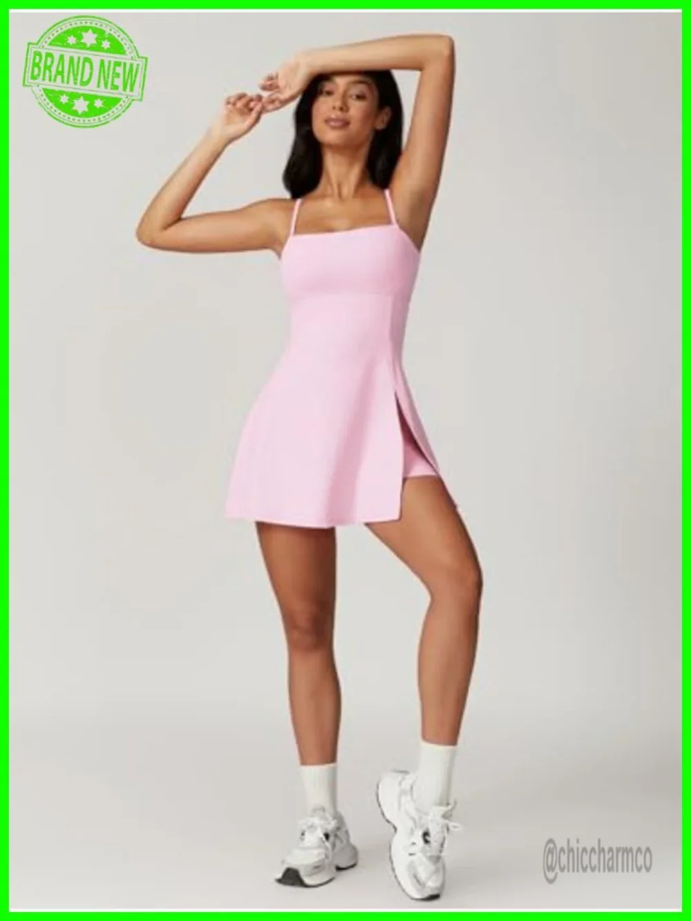 Square Neck Tennis Dress with Shorts Spaghetti Strap Backless Side Slit